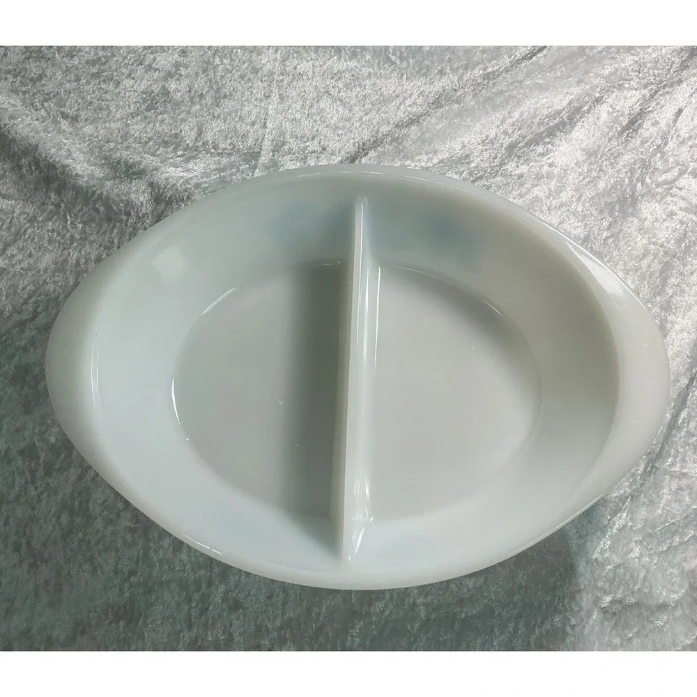 VTG Glasbake White Milk Glass Milk Thistle Oval Divided Casserole  J2352